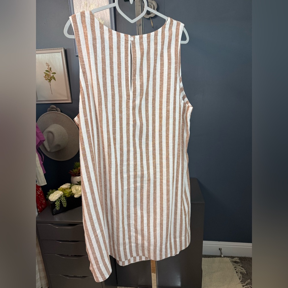 Old Navy Linen Blend Mini Dress XL Tan White Striped Sleeveless Casual Summer - Picture 4 of 8